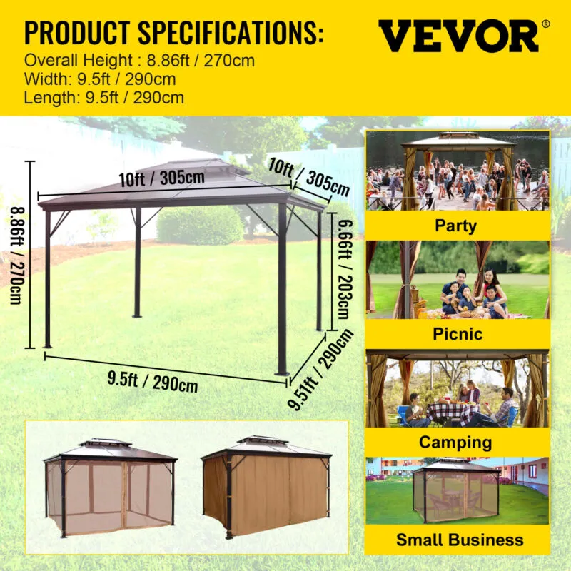 10x10' Hardtop Patio Gazebo  Aluminum Frame w/ Curtains & Mesh