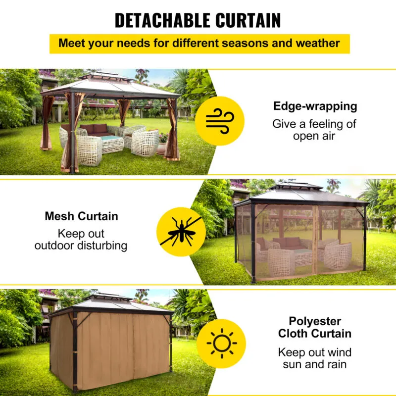 10x10' Hardtop Patio Gazebo  Aluminum Frame w/ Curtains & Mesh