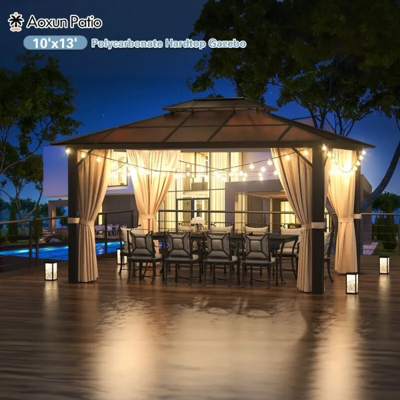 10'x13' PVC Roof Gazebo - Aluminum Frame, Double Roof & Privacy Curtains