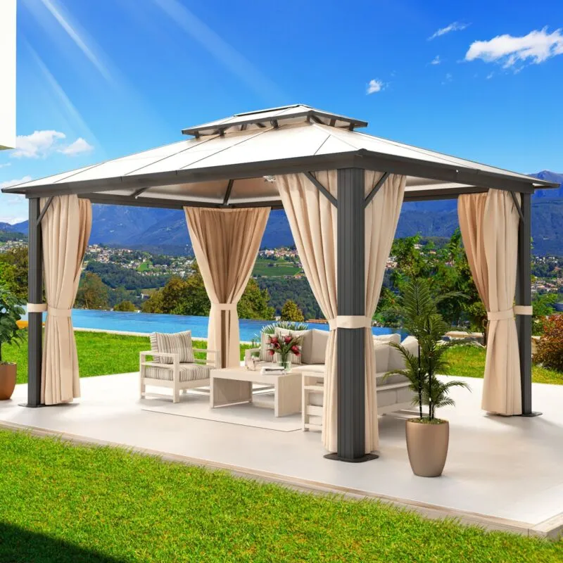 10'x13' PVC Roof Gazebo - Aluminum Frame, Double Roof & Privacy Curtains