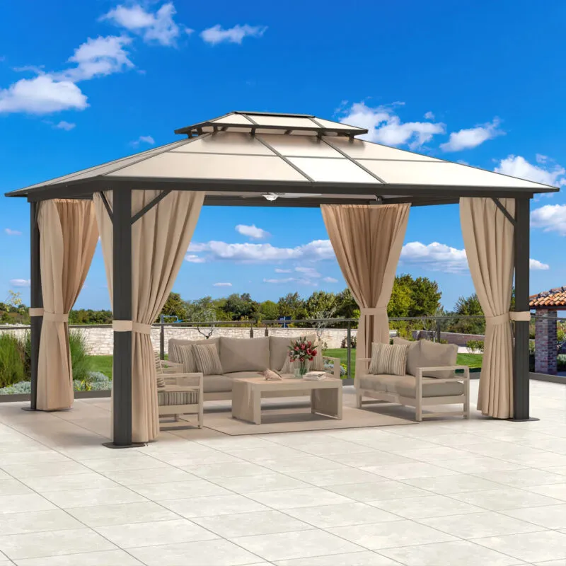10'x13' PVC Roof Gazebo - Aluminum Frame, Double Roof & Privacy Curtains