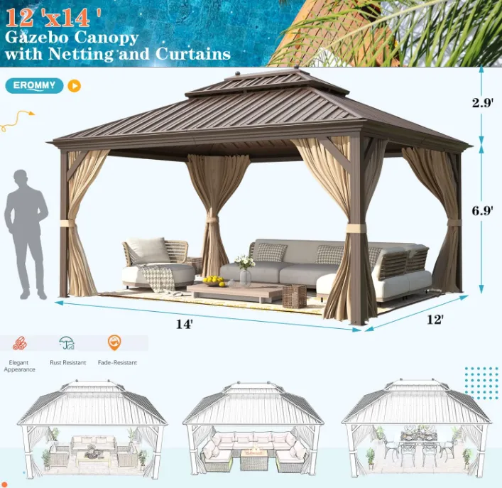 12' x 14' Hardtop Gazebo  Rustproof Aluminum Frame, Double Roof