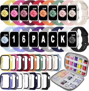 16 Pack Sport Band Compatible with Apple Watch Bands 40mm 41mm 42mm 44mm 45mm 46mm for Women Men, Silicone Strap with Screen Protector Bumper Case&Storage Organizer for iWatch Series 10 9 8 7 6 5 4 SE