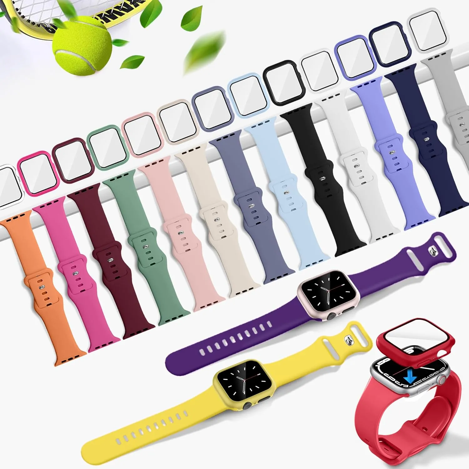 16 Pack Sport Band Compatible with Apple Watch Bands 40mm 41mm 42mm 44mm 45mm 46mm for Women Men, Silicone Strap with Screen Protector Bumper Case&Storage Organizer for iWatch Series 10 9 8 7 6 5 4 SE