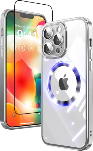 2 in 1 for iPhone 12 Case Crystal Clear, Not Yellowing, Compatible with Magsafe, with 1X Screen Protector   Camera Lens Protector, Shockproof Protective iPhone 12 Case, Silver