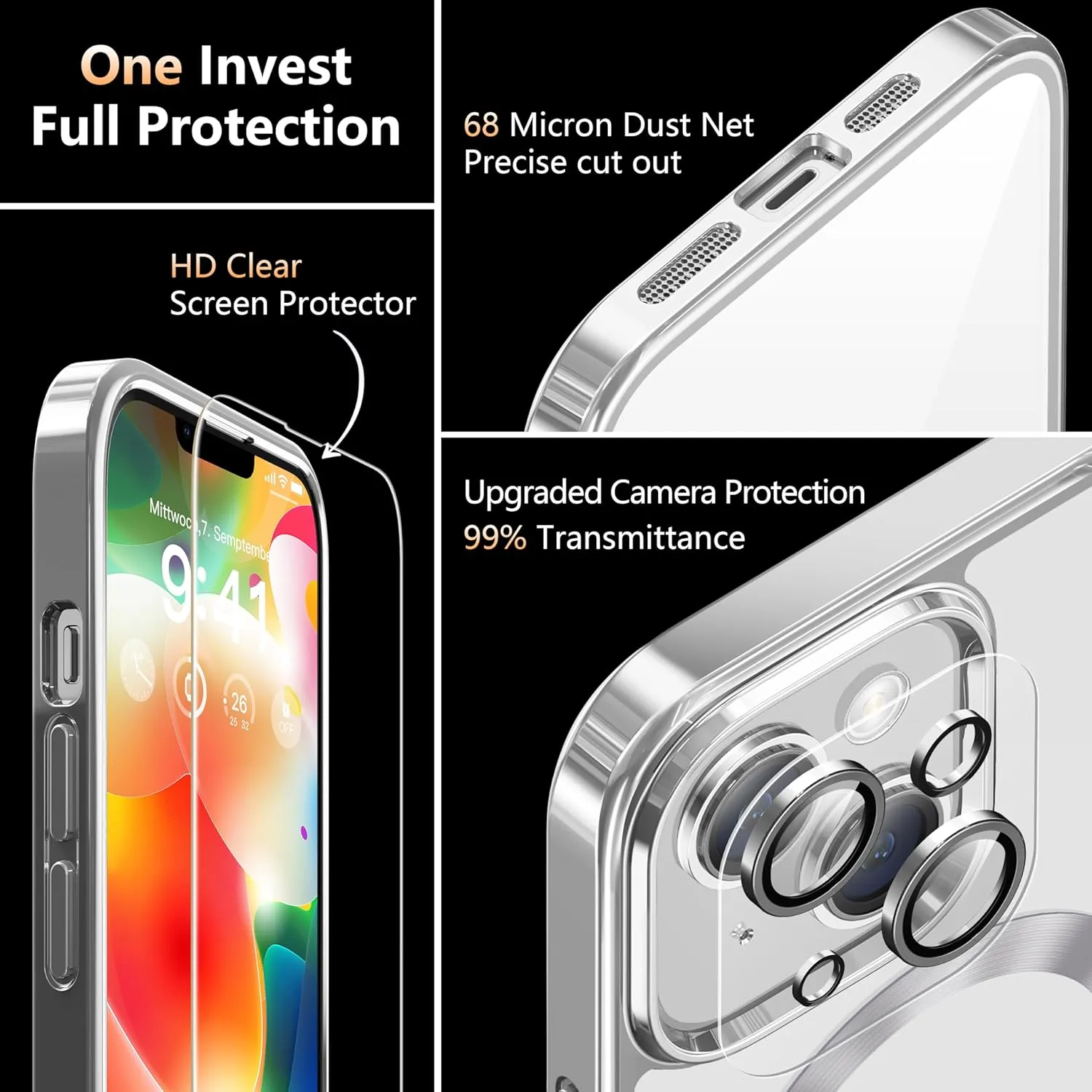 2 in 1 for iPhone 12 Case Crystal Clear, Not Yellowing, Compatible with Magsafe, with 1X Screen Protector   Camera Lens Protector, Shockproof Protective iPhone 12 Case, Silver