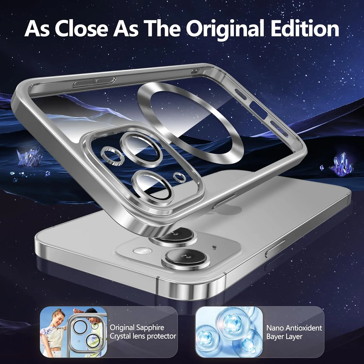 2 in 1 for iPhone 12 Case Crystal Clear, Not Yellowing, Compatible with Magsafe, with 1X Screen Protector   Camera Lens Protector, Shockproof Protective iPhone 12 Case, Silver