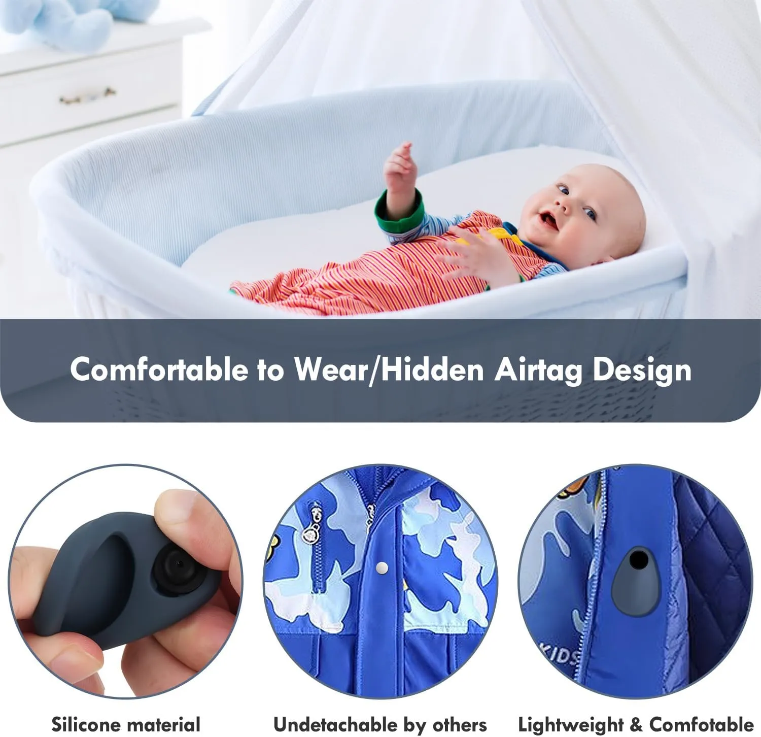 2 Pack Airtag Holder for Kids Hidden,GPS Tracker Case, Anti-Removal Airtag Silicone Case with Pins, Suitable for Children, Elderly, Pets, Backpack, Luggage (White & Navy Blue, 2 Pack)