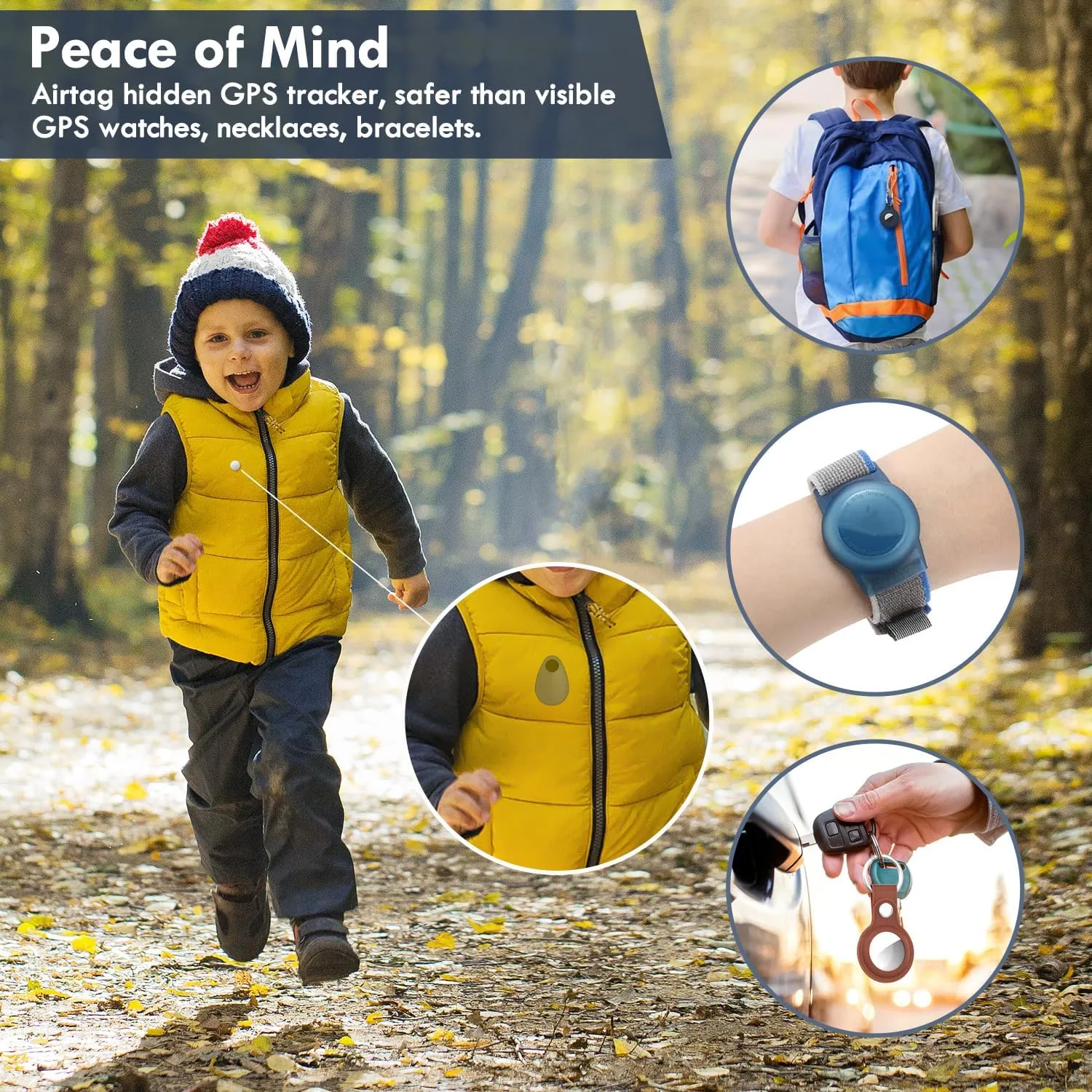 2 Pack Airtag Holder for Kids Hidden,GPS Tracker Case, Anti-Removal Airtag Silicone Case with Pins, Suitable for Children, Elderly, Pets, Backpack, Luggage (White & Navy Blue, 2 Pack)