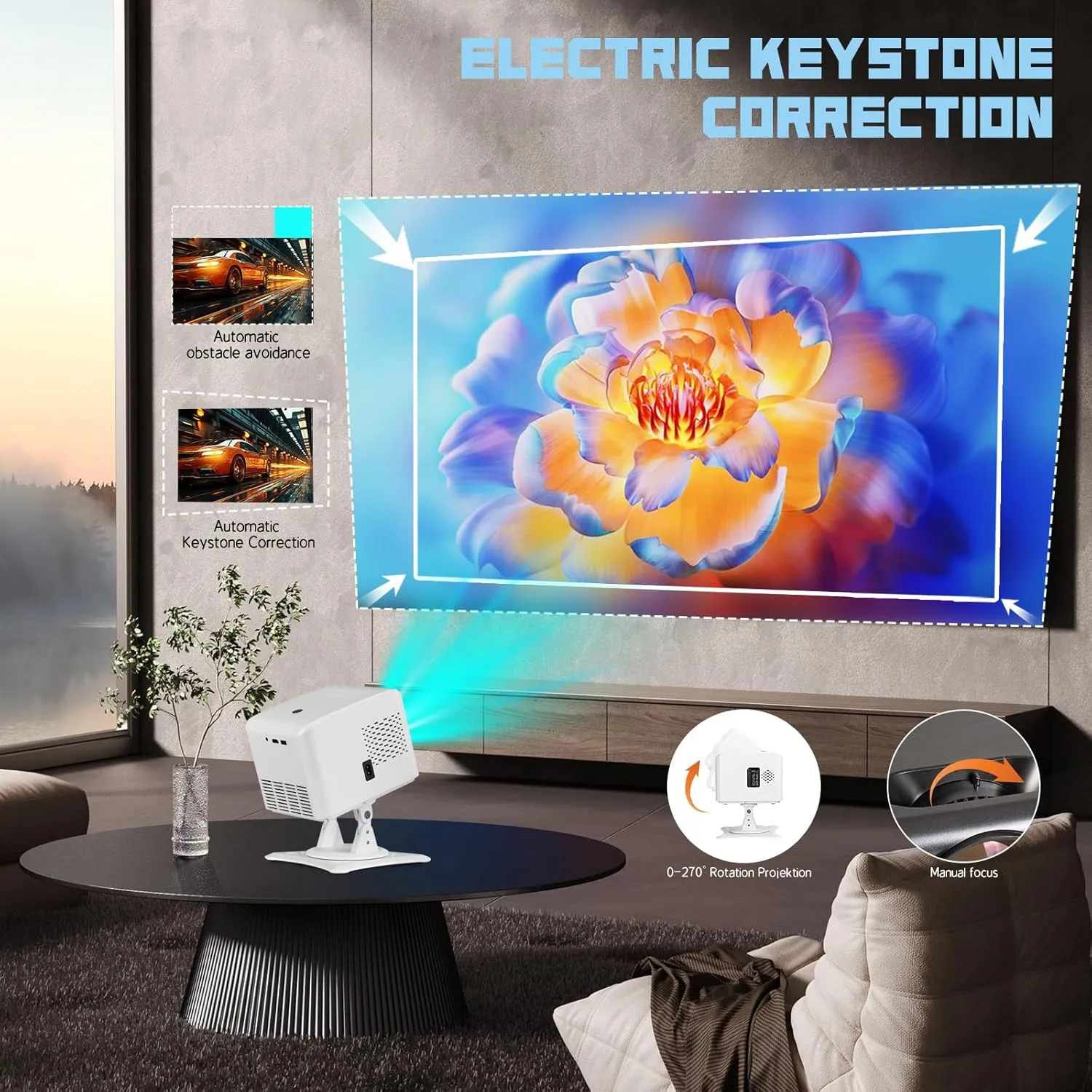 [270Adjustable Stand] Mini Projector with Bluetooth,Electric Focus & Auto Keystone 1080P Projector ,300" Supported Portable Movie Outdoor Projector for Home Video Compatible with Smartphone/Laptop