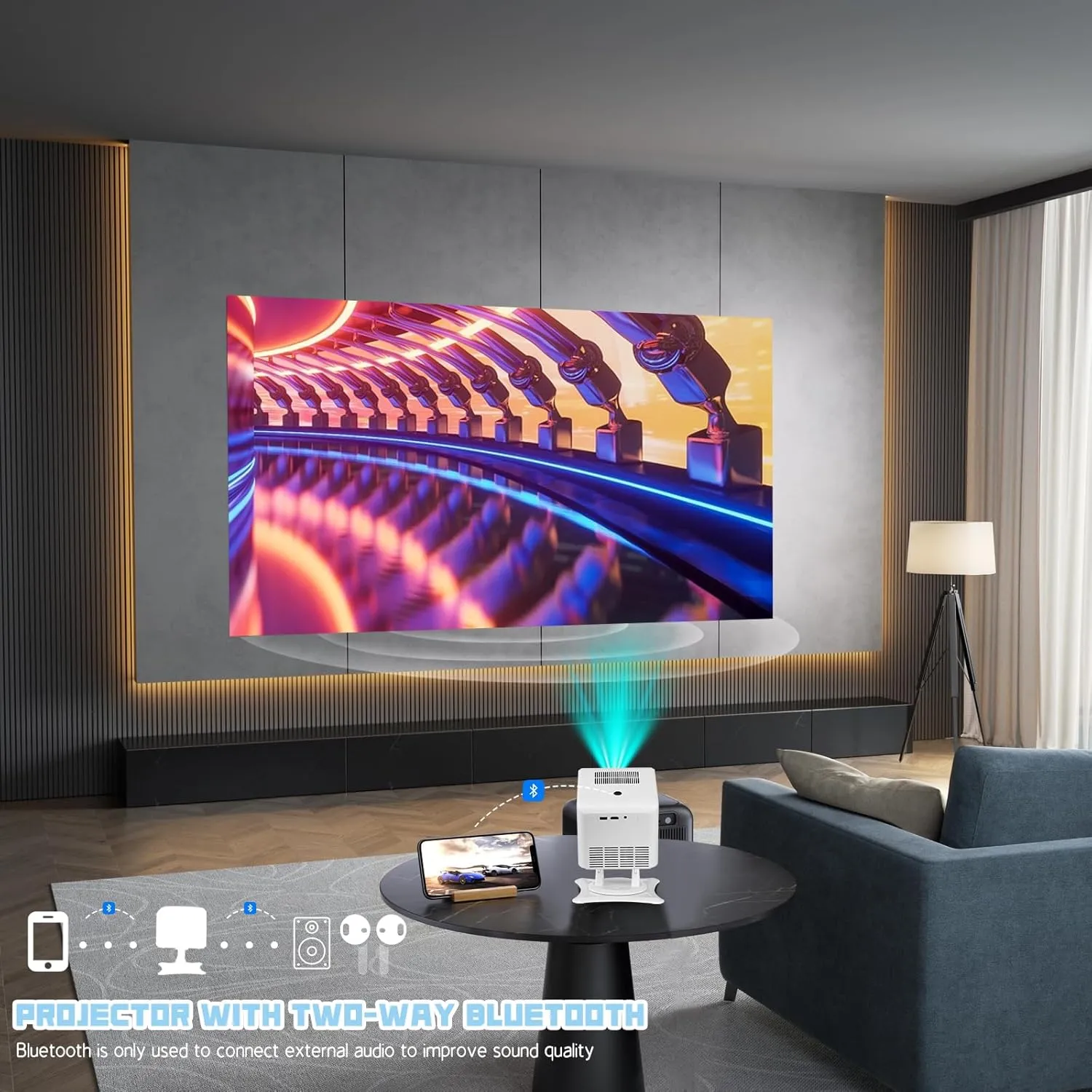 [270Adjustable Stand] Mini Projector with Bluetooth,Electric Focus & Auto Keystone 1080P Projector ,300" Supported Portable Movie Outdoor Projector for Home Video Compatible with Smartphone/Laptop