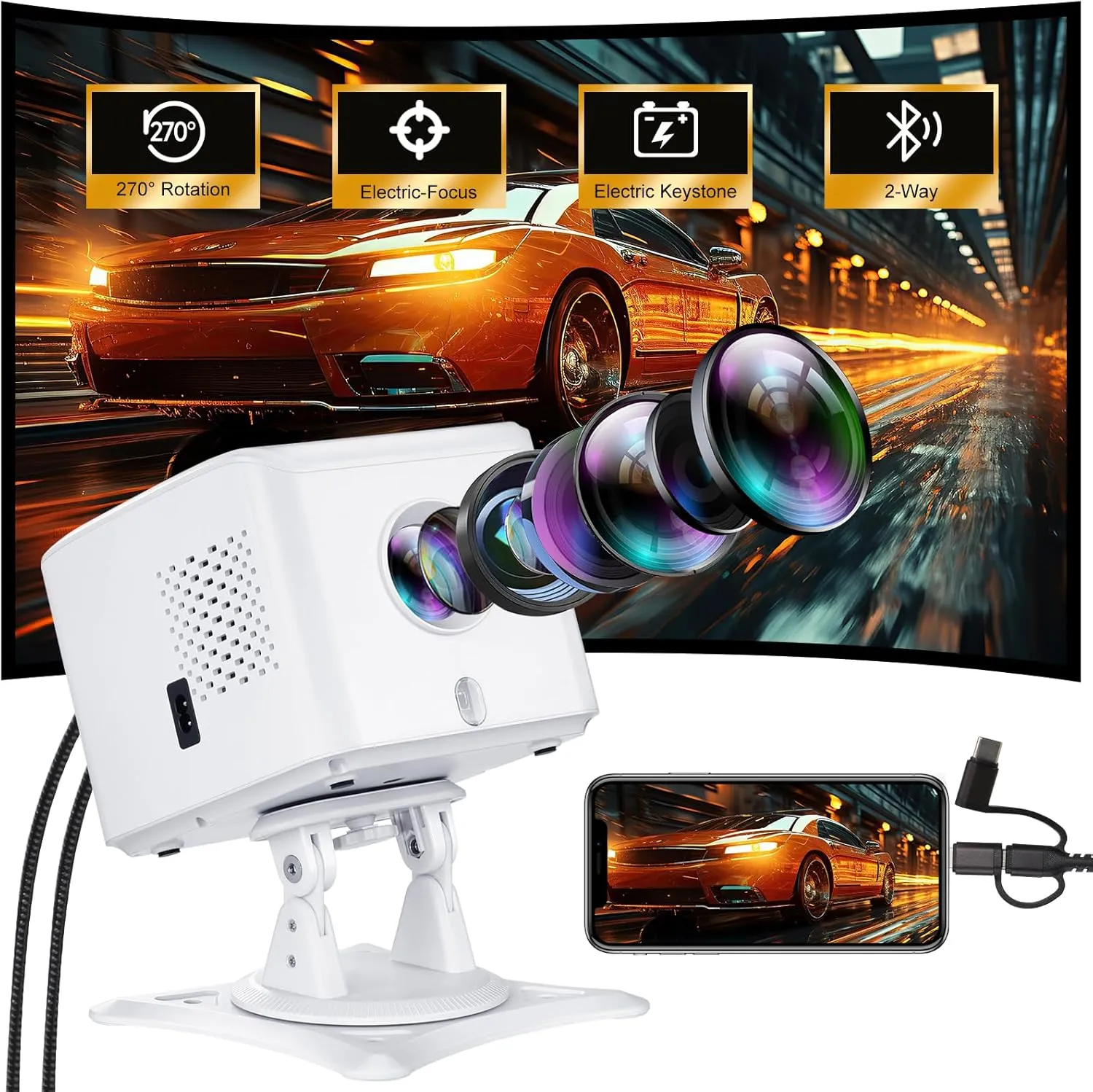 [270Adjustable Stand] Mini Projector with Bluetooth,Electric Focus & Auto Keystone 1080P Projector ,300" Supported Portable Movie Outdoor Projector for Home Video Compatible with Smartphone/Laptop