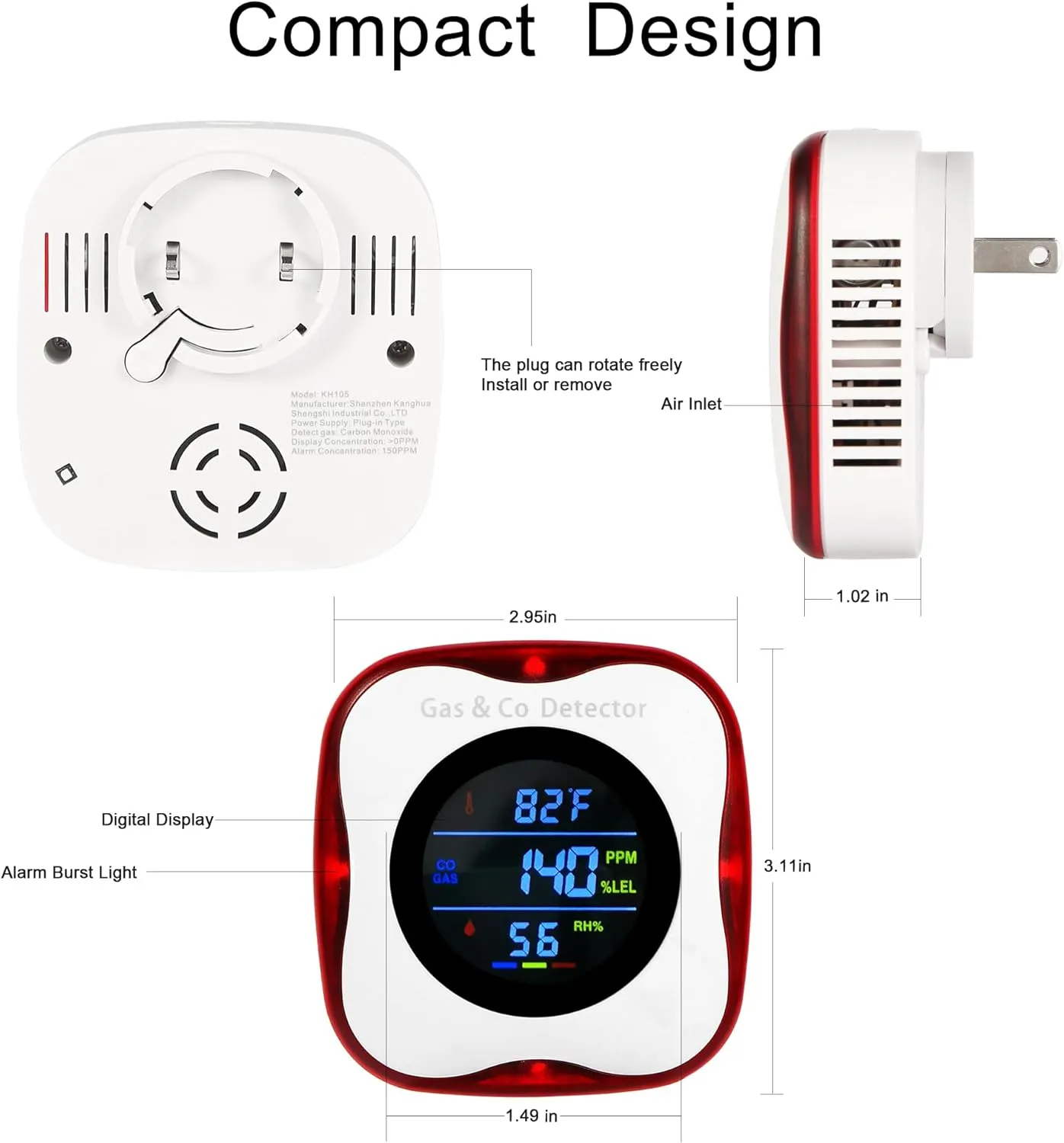 3 Packs Combination Gas & Carbon Monoxide Detectors,Plug in Carbon Monoxide Alarm,Natural Gas Detector,Propane,4-in-1 Digital Display CO Level & Explosive Gas & F & Humidity for Home,RV