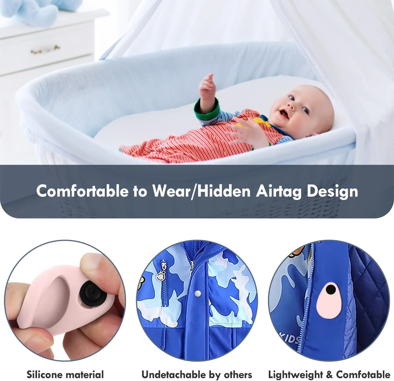 4 Pack Airtag Holder for Kids Hidden,GPS Tracker Case, Anti-Removal Airtag Silicone Case with Pins, Suitable for Children, Elderly, Pets, Backpack, Luggage (White & Black & Navy Blue & Pink, 4 Pack)