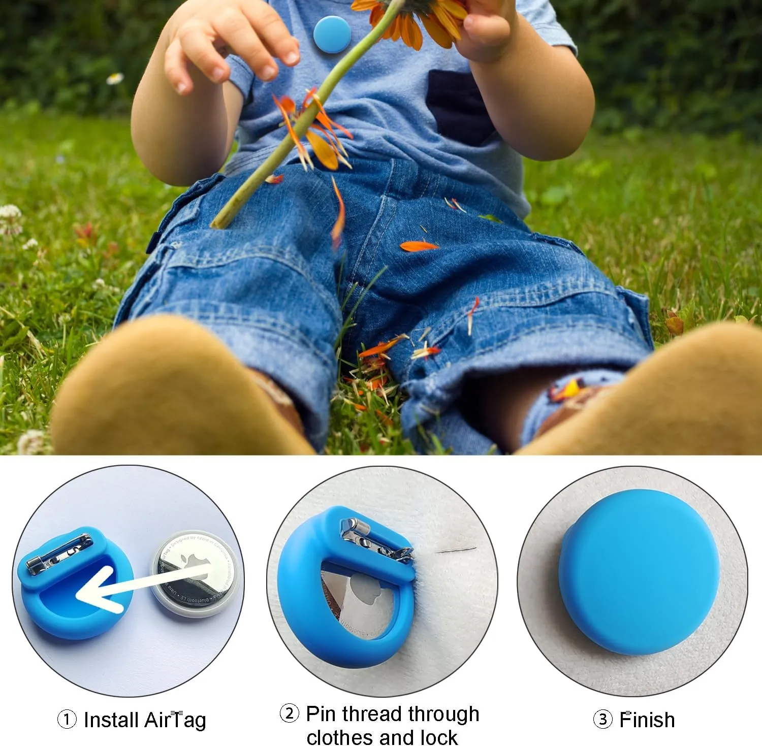 4 Pack Mini AirTag Holder for Kids, Silicone Hidden AirTag Holder with Safety Pin for Clothes, GPS Tracker Case Clip Compatible with Apple Air Tag (Black, Black, White, White)