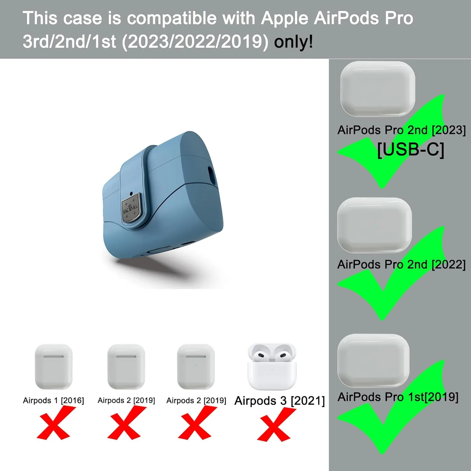 6 in One for Airpods Pro Case (2024/2023/2022/2019, 3rd/2nd/1st Gen), Soft Silicone Skin for AirPods Pro 2nd Generation Case with Secure Lock, Supports (USB-C) & Wireless Charging, AirBlue