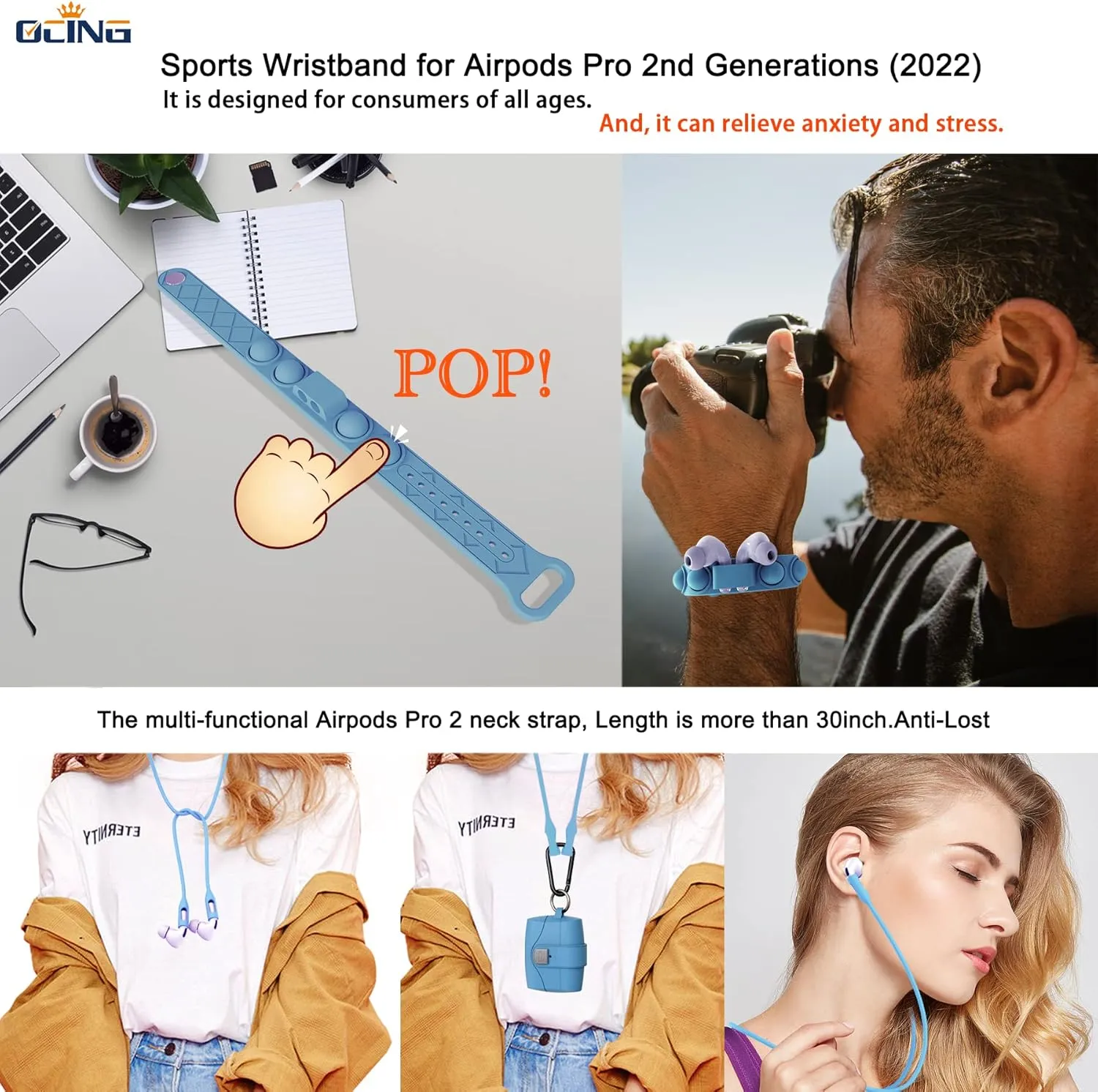 6 in One for Airpods Pro Case (2024/2023/2022/2019, 3rd/2nd/1st Gen), Soft Silicone Skin for AirPods Pro 2nd Generation Case with Secure Lock, Supports (USB-C) & Wireless Charging, AirBlue