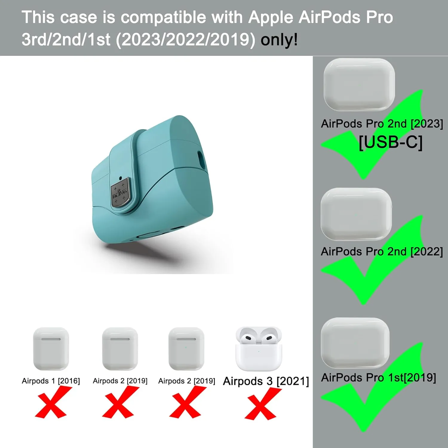 6 in One for Airpods Pro Case (2024/2023/2022/2019, 3rd/2nd/1st Gen), Soft Silicone Skin for AirPods Pro 2nd Generation Case with Secure Lock, Supports (USB-C) & Wireless Charging, Babyblue