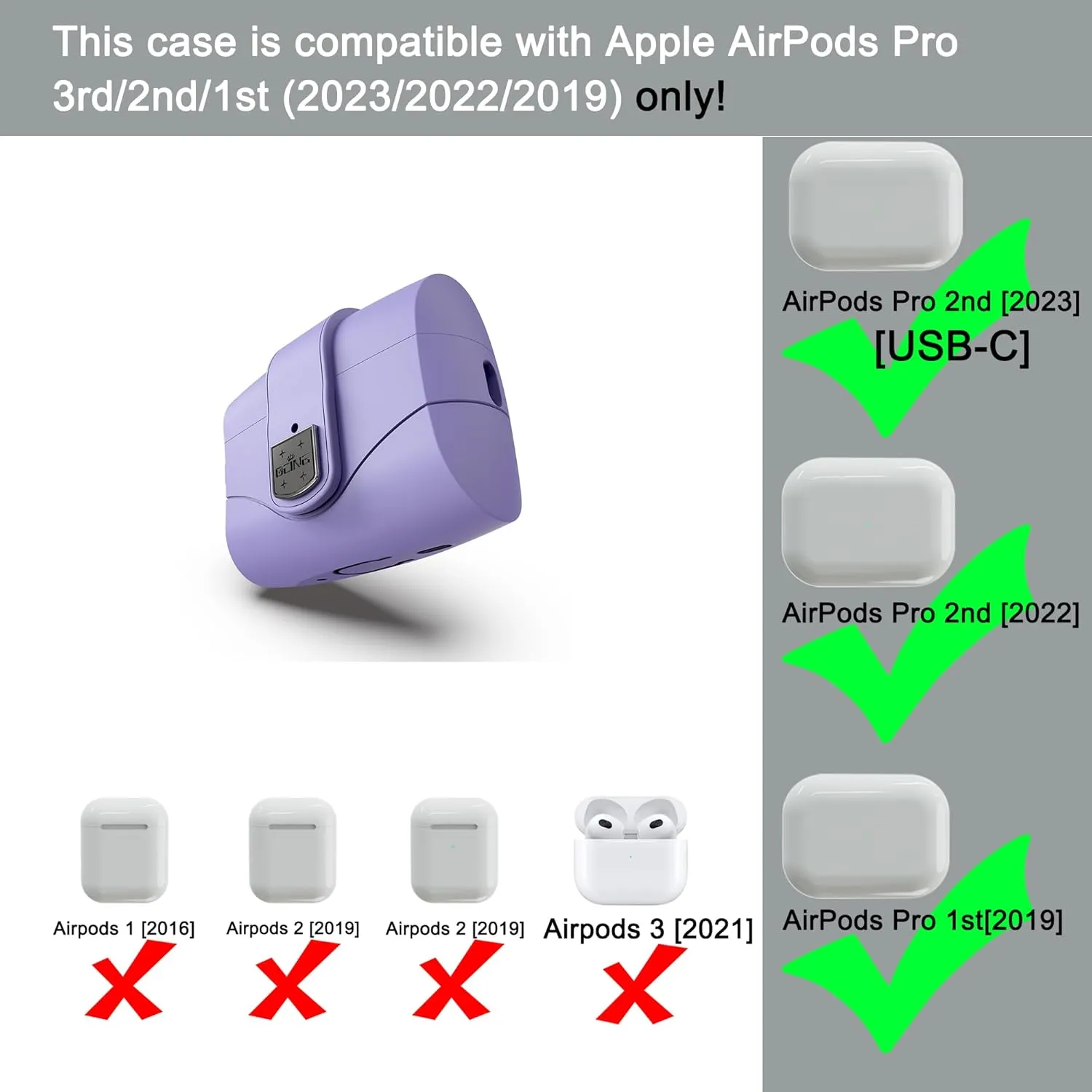 6 in One for Airpods Pro Case (2024/2023/2022/2019, 3rd/2nd/1st Gen), Soft Silicone Skin for AirPods Pro 2nd Generation Case with Secure Lock, Supports (USB-C) & Wireless Charging, babyPurple