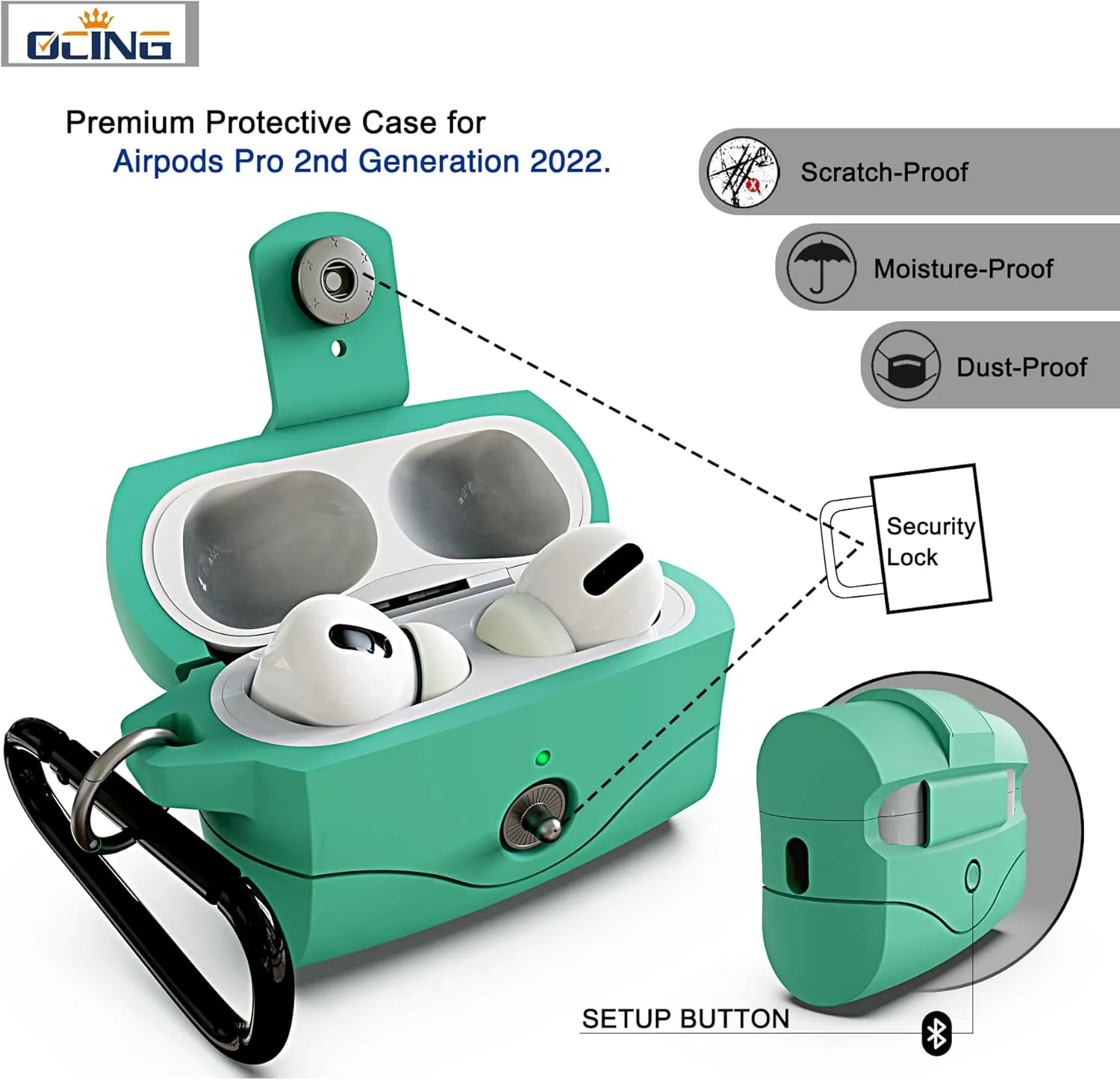 6 in One for Airpods Pro Case (2024/2023/2022/2019, 3rd/2nd/1st Gen), Soft Silicone Skin for AirPods Pro 2nd Generation Case with Secure Lock, Supports (USB-C) & Wireless Charging, MintGreen