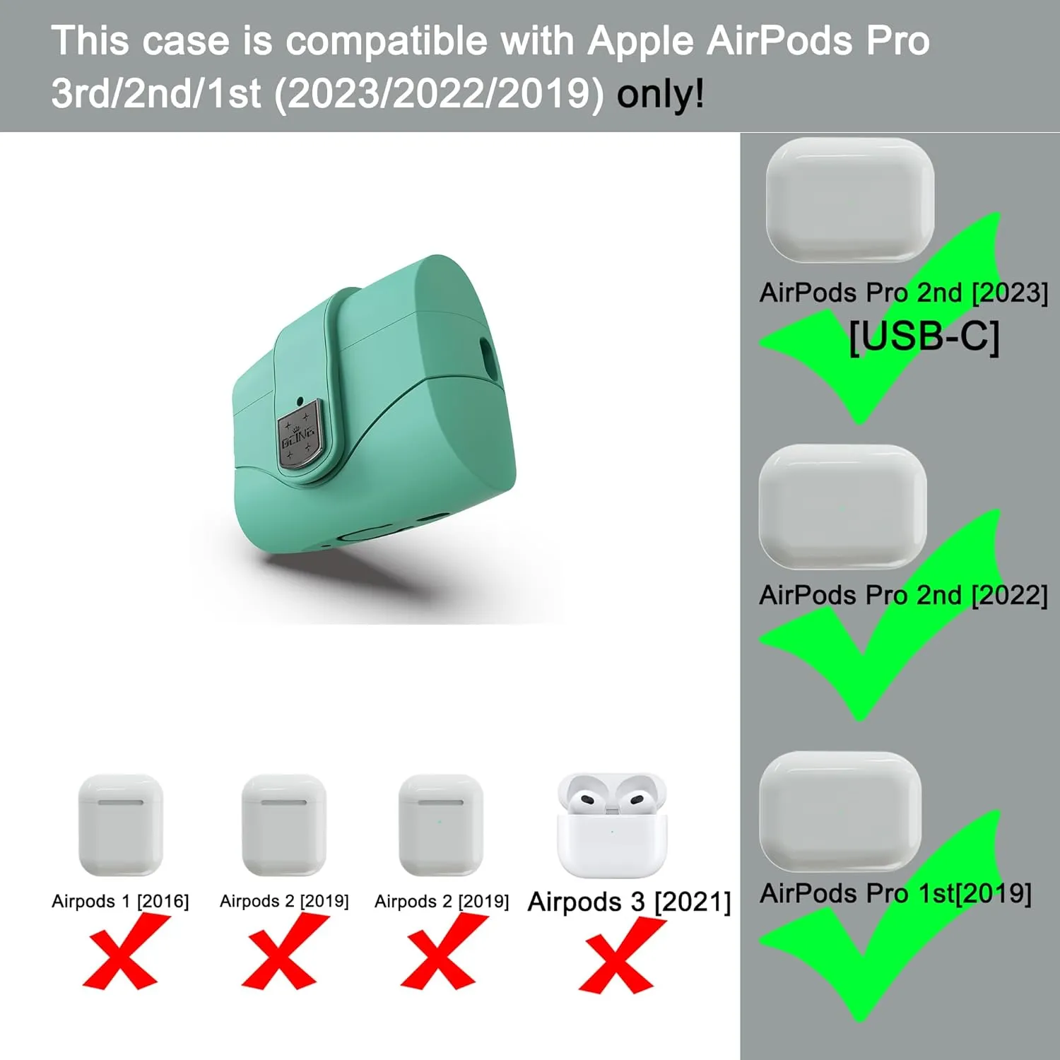 6 in One for Airpods Pro Case (2024/2023/2022/2019, 3rd/2nd/1st Gen), Soft Silicone Skin for AirPods Pro 2nd Generation Case with Secure Lock, Supports (USB-C) & Wireless Charging, MintGreen