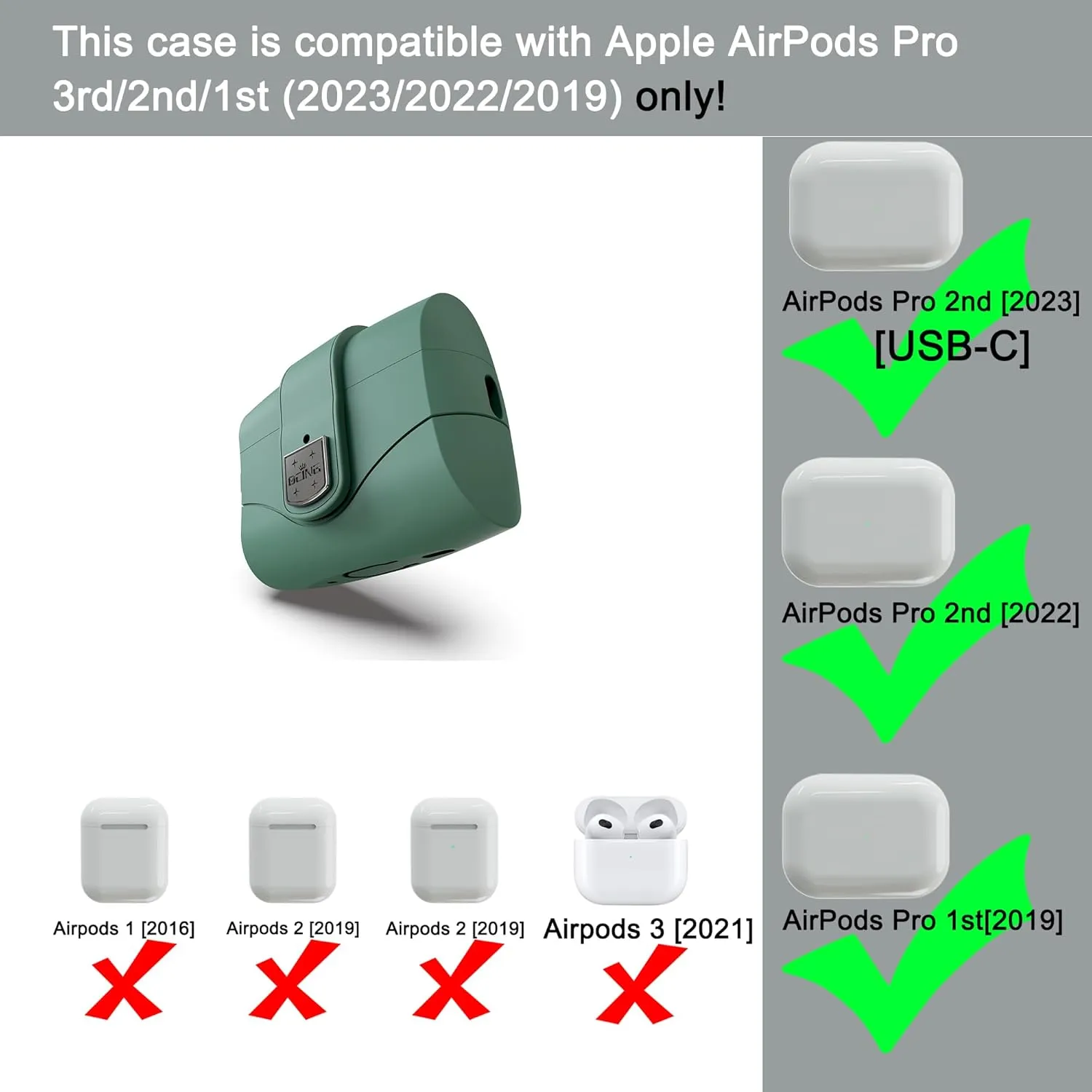 6 in One for Airpods Pro Case (2024/2023/2022/2019, 3rd/2nd/1st Gen), Soft Silicone Skin for AirPods Pro 2nd Generation Case with Secure Lock, Supports (USB-C) & Wireless Charging, PineGreen