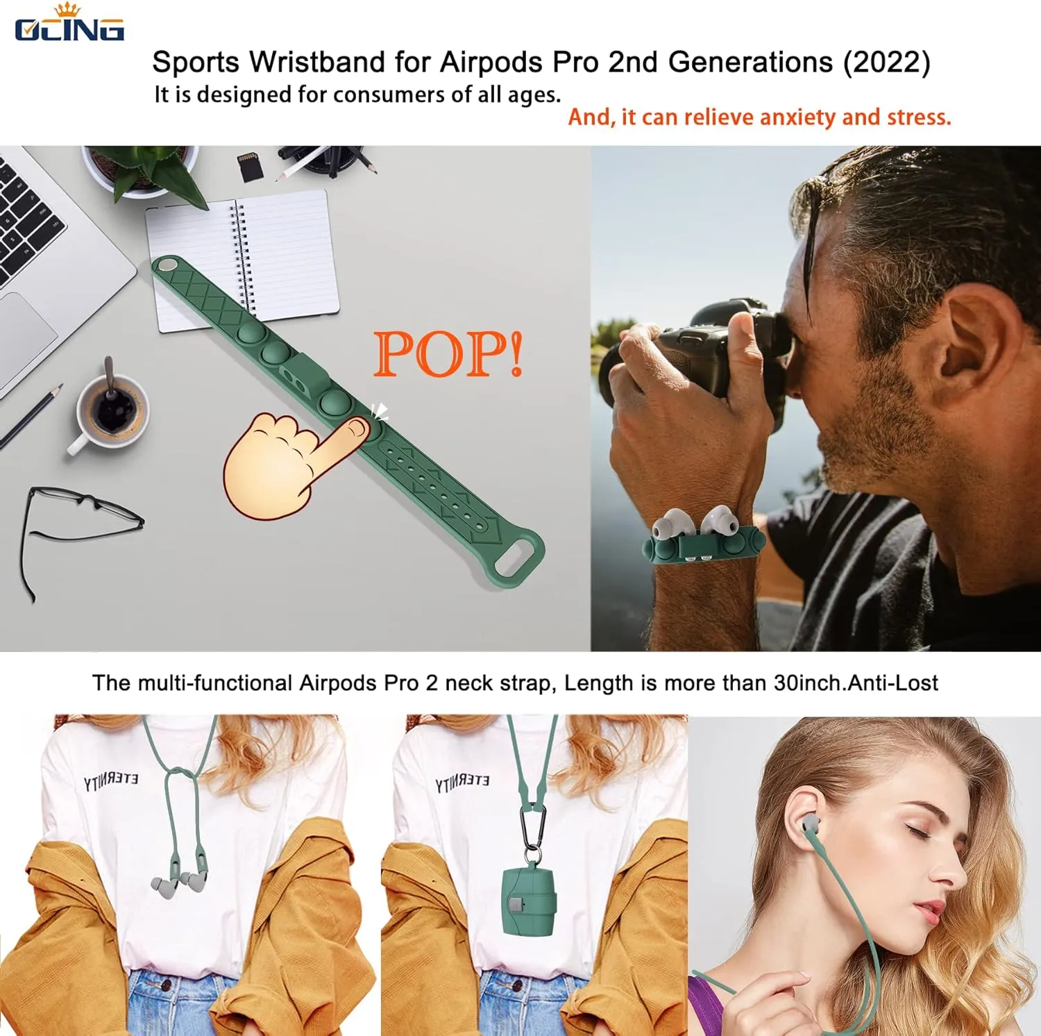 6 in One for Airpods Pro Case (2024/2023/2022/2019, 3rd/2nd/1st Gen), Soft Silicone Skin for AirPods Pro 2nd Generation Case with Secure Lock, Supports (USB-C) & Wireless Charging, PineGreen