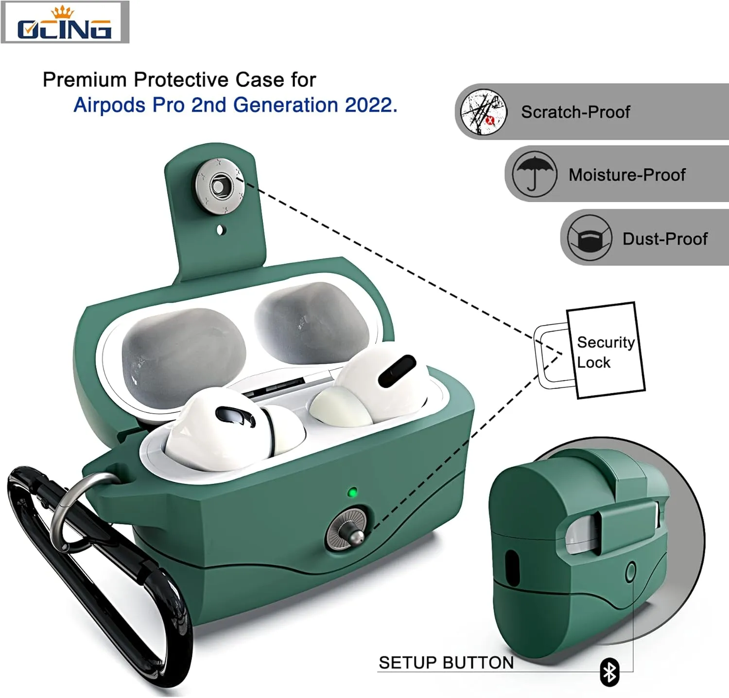 6 in One for Airpods Pro Case (2024/2023/2022/2019, 3rd/2nd/1st Gen), Soft Silicone Skin for AirPods Pro 2nd Generation Case with Secure Lock, Supports (USB-C) & Wireless Charging, PineGreen