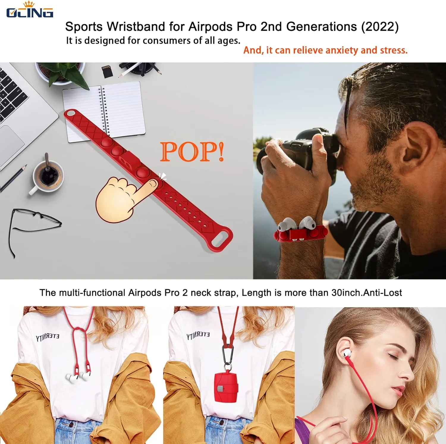 6 in One for Airpods Pro Case (2024/2023/2022/2019, 3rd/2nd/1st Gen), Soft Silicone Skin for AirPods Pro 2nd Generation Case with Secure Lock, Supports (USB-C) & Wireless Charging, Red