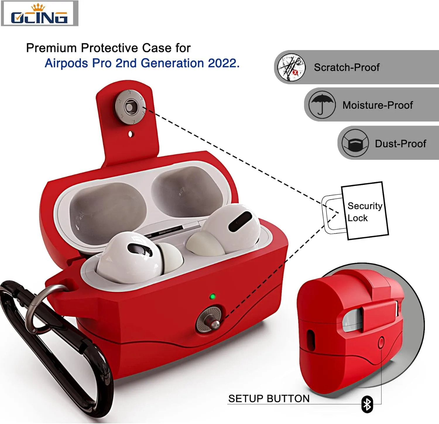 6 in One for Airpods Pro Case (2024/2023/2022/2019, 3rd/2nd/1st Gen), Soft Silicone Skin for AirPods Pro 2nd Generation Case with Secure Lock, Supports (USB-C) & Wireless Charging, Red