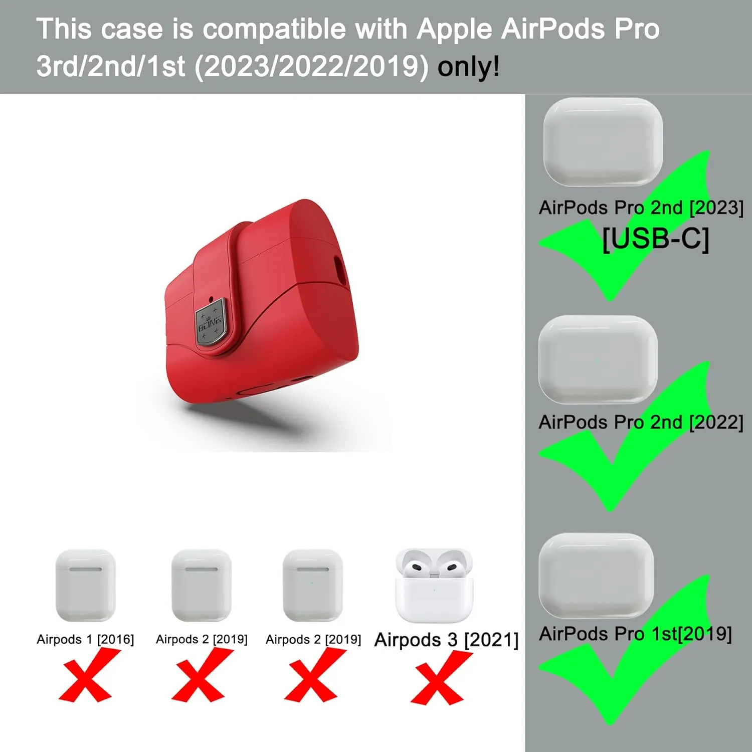 6 in One for Airpods Pro Case (2024/2023/2022/2019, 3rd/2nd/1st Gen), Soft Silicone Skin for AirPods Pro 2nd Generation Case with Secure Lock, Supports (USB-C) & Wireless Charging, Red
