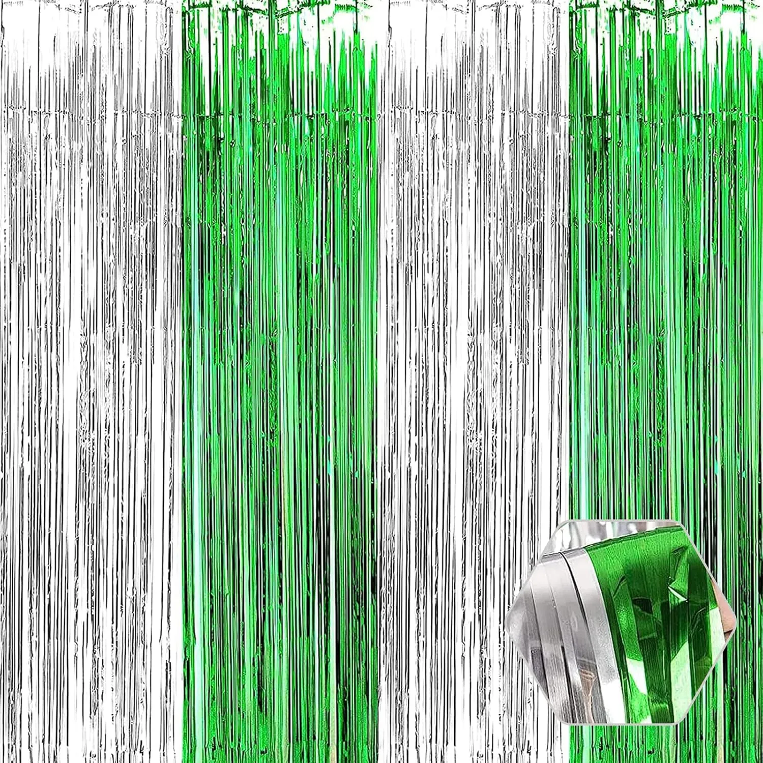 6 Pack Silver Green Foil Fringe Curtain Backdrop, 3.28Ft x 8.2Ft Metallic Tinsel Foil Fringe Streamer Curtains for Photo Booth, Birthday, Wedding, New Year Party Decorations