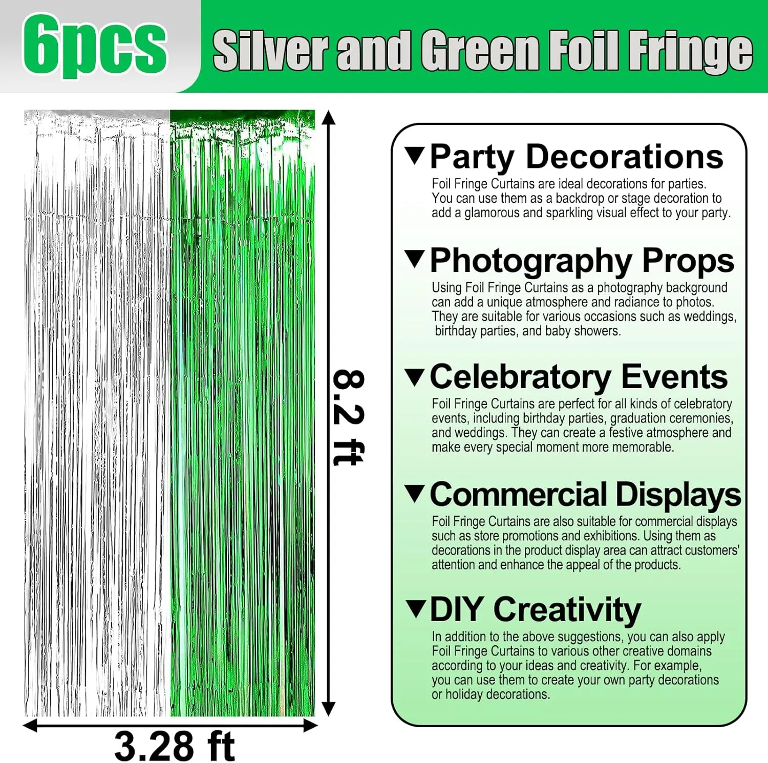 6 Pack Silver Green Foil Fringe Curtain Backdrop, 3.28Ft x 8.2Ft Metallic Tinsel Foil Fringe Streamer Curtains for Photo Booth, Birthday, Wedding, New Year Party Decorations