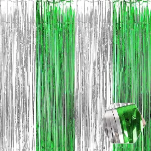 6 Pack Silver Green Foil Fringe Curtain Backdrop, 3.28Ft x 8.2Ft Metallic Tinsel Foil Fringe Streamer Curtains for Photo Booth, Birthday, Wedding, New Year Party Decorations