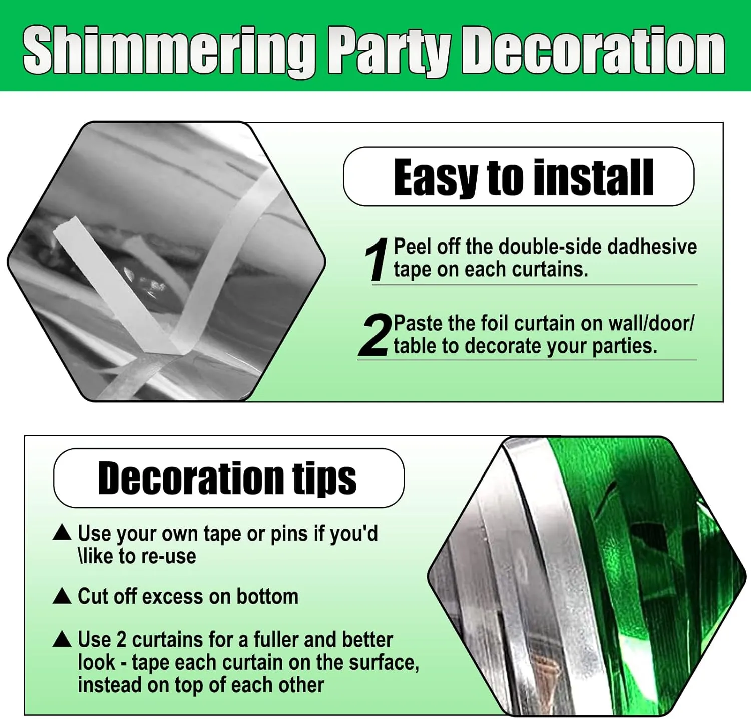 6 Pack Silver Green Foil Fringe Curtain Backdrop, 3.28Ft x 8.2Ft Metallic Tinsel Foil Fringe Streamer Curtains for Photo Booth, Birthday, Wedding, New Year Party Decorations