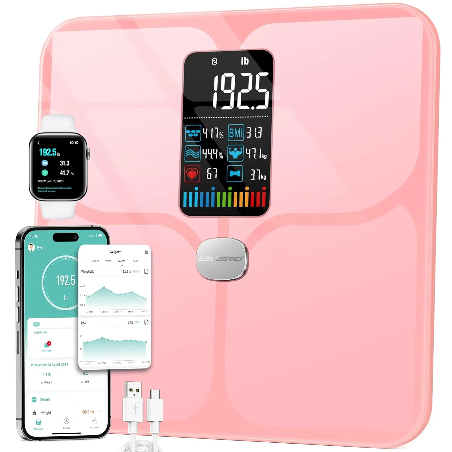 ABLEGRID Body Fat Scale,Digital Smart Bathroom Scale for Body Weight,Large Color Display Screen,16 Body Composition Metrics BMI,Water Weigh,Heart Rate,Baby Mode,400lb,Rechargeable-Rosegold