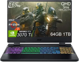 Acer Nitro 5 Gaming Laptop (15.6" QHD 165Hz, AMD 8-Core Ryzen 7 6800H (Beat i7-12650H), NVIDIA GeForce RTX 3070 Ti 8GB, 64GB DDR5 RAM, 1TB PCle SSD) RGB Backlit, Webcam, WiFi 6E, Win 11 Home, Black
