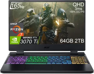 Acer Nitro 5 Gaming Laptop (15.6" QHD 165Hz, AMD 8-Core Ryzen 7 6800H (Beat i7-12650H), NVIDIA GeForce RTX 3070 Ti 8GB, 64GB DDR5 RAM, 2TB PCle SSD) RGB Backlit, Webcam, WiFi 6E, Win 11 Home, Black