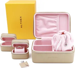 Althea Travel Jewelry Case with three boxes for Earrings, Rings, Bracelets & more  Compact 3 in 1 Organizer Box, Gift, Medium Size Storage Box, Premium Quality Vegan Leather Ring Holder (Beige)