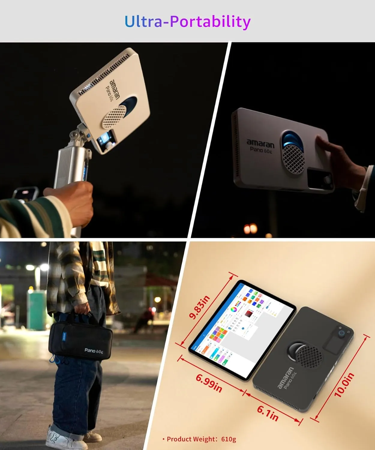 amaran Pano 60c Kit,Compact 60W RGBWW Full Color Panel Light,Support USB-C PD,CCT 2,300K-10,000K,12 Lighting Efects,APP Control w/Softbox Carrying Case Studio Light Photography Lighting (Charcoal)
