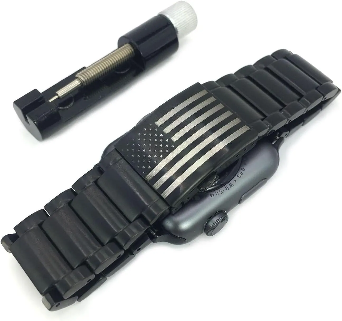American USA Flag Apple Watch Band. Stainless Steel compatible with series 9, ultra 2, SE, 8 7 6 5 4 3 2 1 49mm 45mm 44mm 42mm 41mm 40mm 38mm men women solid metal links replacement bracelets iWatch adjustable