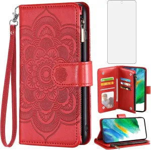 Asuwish Compatible with Samsung Galaxy S21 FE Gaxaly S 21 FE 5G Wallet Case and Tempered Glass Screen Protector Flip Credit Card Holder Cell Phone Cover for Glaxay S21FE5G UW S21FE 21S G5 Women Red