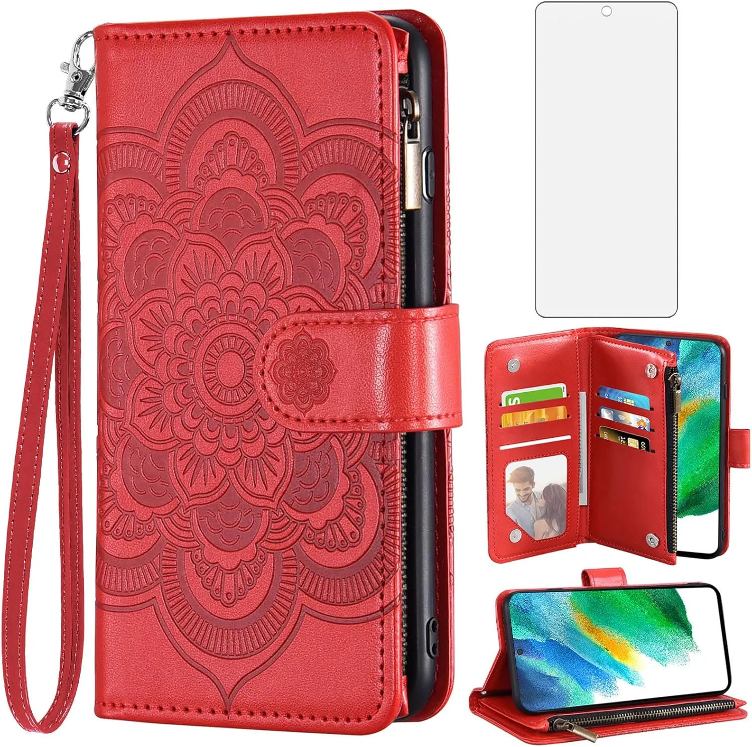 Asuwish Compatible with Samsung Galaxy S21 FE Gaxaly S 21 FE 5G Wallet Case and Tempered Glass Screen Protector Flip Credit Card Holder Cell Phone Cover for Glaxay S21FE5G UW S21FE 21S G5 Women Red