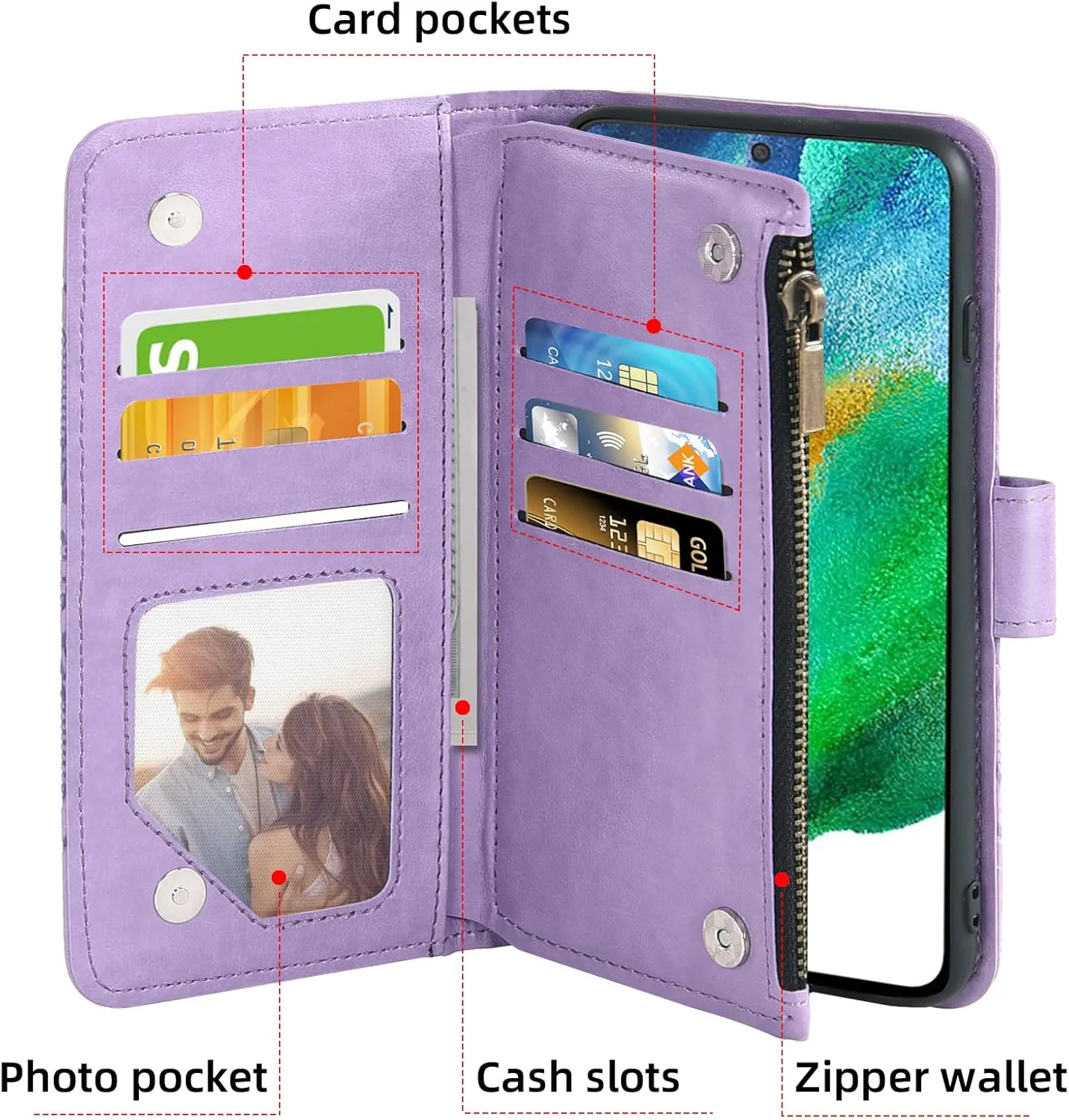 Asuwish Compatible with Samsung Galaxy S21 FE Gaxaly S 21 FE 5G Wallet Case and Tempered Glass Screen Protector Leather Flip Card Holder Cell Phone Cover for Glaxay S21FE5G UW S21FE 21S G5 Men Purple