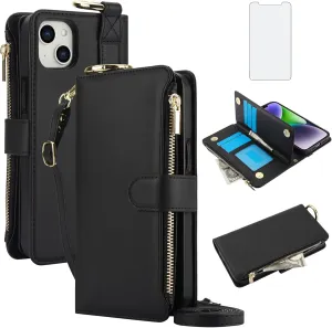 Asuwish Phone Case for iPhone 11 6.1 Zipper Wallet with Tempered Glass Screen Protector Crossbody Strap Card Holder Stand Flip Cell Cover iphone11case iPhone11 i Phone11 11s XI 11R Women Black