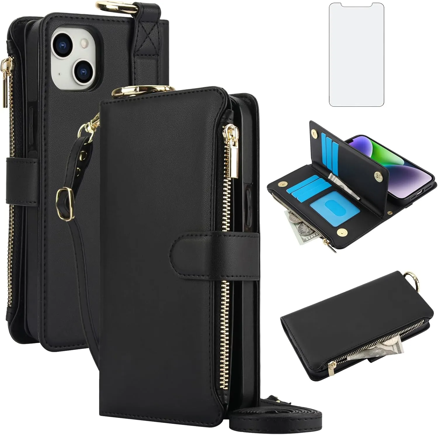 Asuwish Phone Case for iPhone 11 6.1 Zipper Wallet with Tempered Glass Screen Protector Crossbody Strap Card Holder Stand Flip Cell Cover iphone11case iPhone11 i Phone11 11s XI 11R Women Black