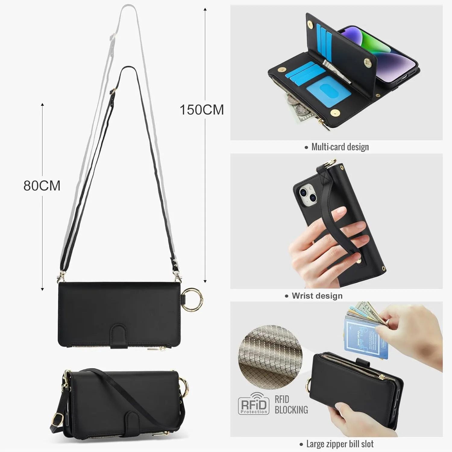 Asuwish Phone Case for iPhone 11 6.1 Zipper Wallet with Tempered Glass Screen Protector Crossbody Strap Card Holder Stand Flip Cell Cover iphone11case iPhone11 i Phone11 11s XI 11R Women Black