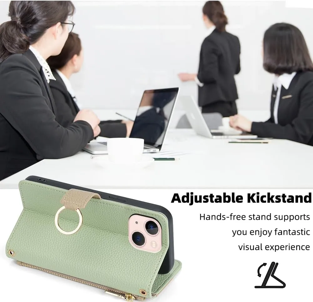 Asuwish Phone Case for iPhone 13 6.1 inch Wallet Cover with Screen Protector and Mirror Flip Cover Ring Card Holder Crossbody Strap Stand Cell iPhone13 5G i i-Phone i13 iPhone13case Women Girls Green