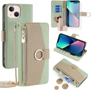 Asuwish Phone Case for iPhone 13 6.1 inch Wallet Cover with Screen Protector and Mirror Flip Cover Ring Card Holder Crossbody Strap Stand Cell iPhone13 5G i i-Phone i13 iPhone13case Women Girls Green