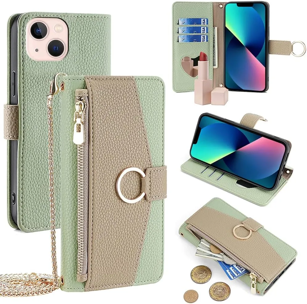 Asuwish Phone Case for iPhone 13 6.1 inch Wallet Cover with Screen Protector and Mirror Flip Cover Ring Card Holder Crossbody Strap Stand Cell iPhone13 5G i i-Phone i13 iPhone13case Women Girls Green
